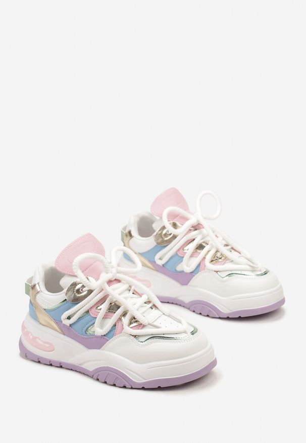 Born2be - Biało-Fioletowe Sneakersy na Grubej Podeszwie z Kolorowymi i Metalicznymi Wstawkami Ecastia. Kolor: biały. Wzór: kolorowy