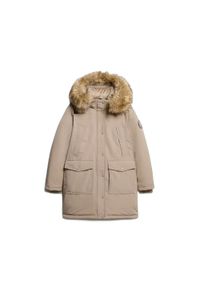 Parka z sztucznego futra damska Superdry Everest. Kolor: beżowy. Materiał: futro. Długość rękawa: długi rękaw. Sezon: zima #1