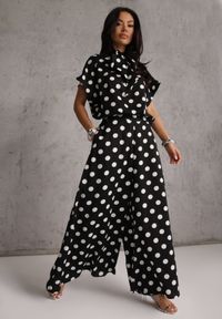 Renee - Czarny Komplet w Groszki Bluzka Wiązana przy Szyi i Spodnie Wide Leg Firerun. Kolor: czarny. Wzór: grochy #7