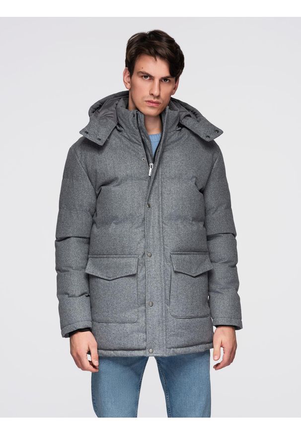 Ombre Clothing - Ciepła długa kurtka męska typu parka z wełną – szary melanż V1 - Rozmiar: L. Kolor: szary. Materiał: wełna. Długość: długie. Wzór: melanż