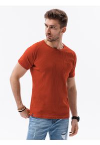 Ombre Clothing - T-shirt męski bez nadruku - ceglasty - Rozmiar: XXL. Kolor: czerwony. Materiał: tkanina, poliester, bawełna. Styl: klasyczny