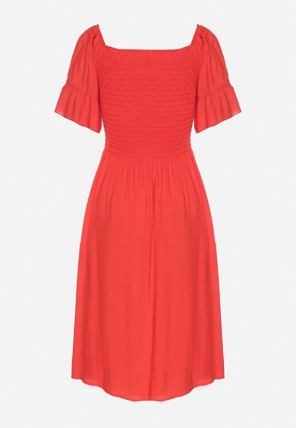 Born2be - Czerwona Rozkloszowana Sukienka Bawełniana z Bufiastymi Rękawami i Elastyczną Górą Veliova. Okazja: na co dzień. Kolor: czerwony. Materiał: bawełna. Styl: casual, elegancki