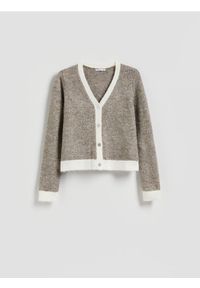 Reserved - Kardigan z kontrastowymi wstawkami - brązowy. Kolor: brązowy. Materiał: wełna, dzianina. Wzór: gładki
