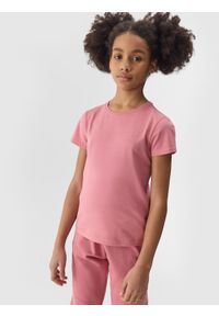 4f - 4F T-shirt gładki dziewczęcy - różowy 140 (9-10 lat). Okazja: na co dzień. Kolor: różowy. Materiał: dzianina, jersey, bawełna. Długość rękawa: krótki rękaw. Długość: krótkie. Wzór: gładki. Sezon: lato. Styl: casual, sportowy #1