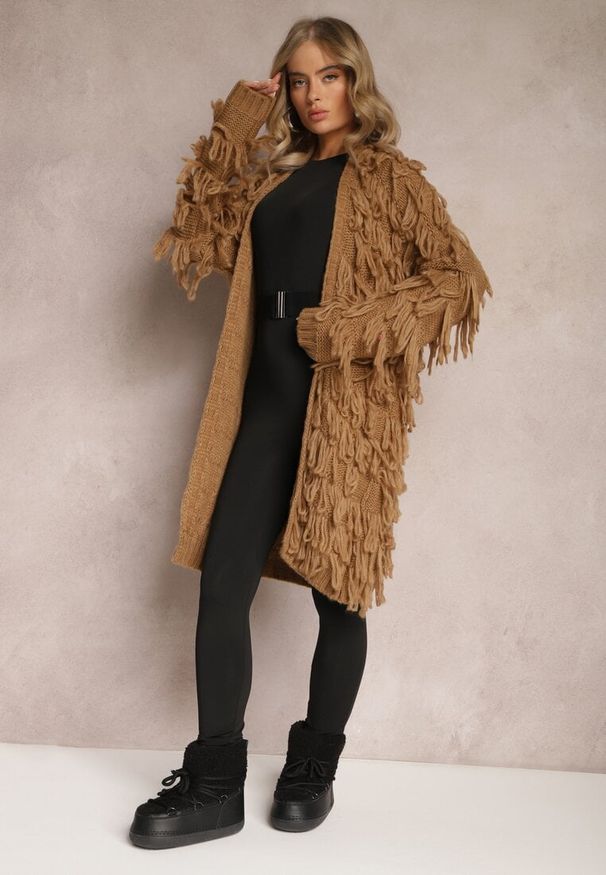 Renee - Brązowy Niezapinany Kardigan w Ozdobne Frędzle Massawa. Kolor: brązowy. Styl: elegancki