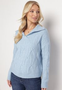 Born2be - Niebieski Klasyczny Sweter w Ozdobny Splot Mulls. Kolor: niebieski. Materiał: tkanina, dzianina. Wzór: ze splotem. Styl: klasyczny #3