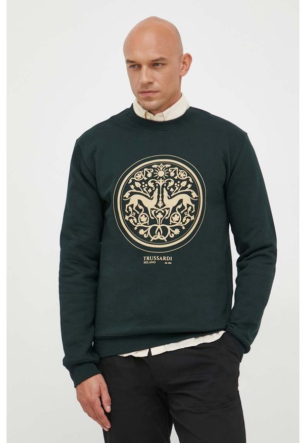 Trussardi Jeans - Trussardi bluza bawełniana męska kolor zielony z nadrukiem. Kolor: zielony. Materiał: bawełna. Wzór: nadruk. Styl: klasyczny