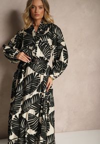 Renee - Czarna Rozkloszowana Sukienka z Wiskozy z Motywem Liści Wilvesia. Okazja: na co dzień. Typ kołnierza: dekolt w serek. Kolor: czarny. Materiał: wiskoza. Styl: klasyczny, elegancki, casual