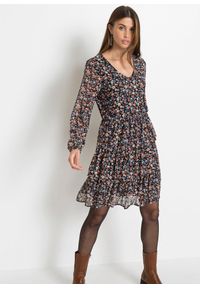 bonprix - Sukienka mini z siatkowego materiału. Kolor: czarny. Materiał: materiał. Wzór: kwiaty. Długość: mini #1
