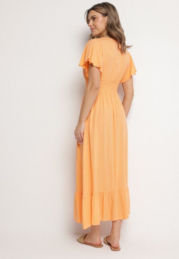 Born2be - Pomarańczowa Wiskozowa Kopertowa Sukienka o Rozkloszowanym Kroju Nellrive. Okazja: na co dzień. Typ kołnierza: dekolt w serek. Kolor: pomarańczowy. Materiał: wiskoza. Długość rękawa: krótki rękaw. Typ sukienki: kopertowe. Styl: elegancki, casual