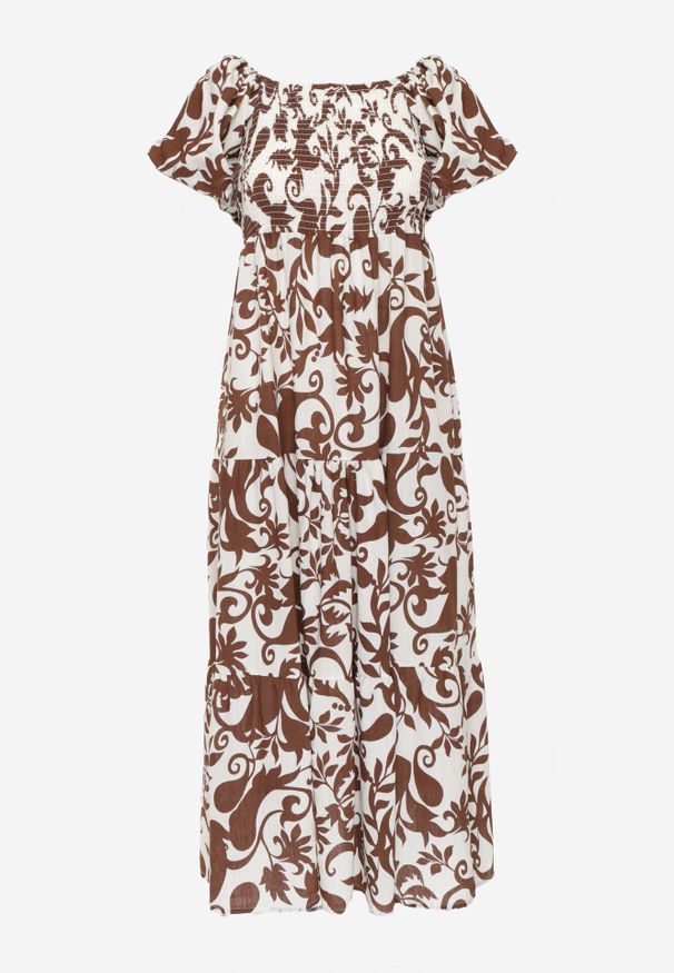 Born2be - Brązowa Rozkloszowana Sukienka z Wiskozy z Bufiastymi Rękawami w Roślinny Wzór Semea. Okazja: do pracy, na co dzień, na spotkanie biznesowe. Kolor: brązowy. Materiał: wiskoza. Sezon: lato. Typ sukienki: proste, rozkloszowane. Styl: biznesowy, casual. Długość: maxi