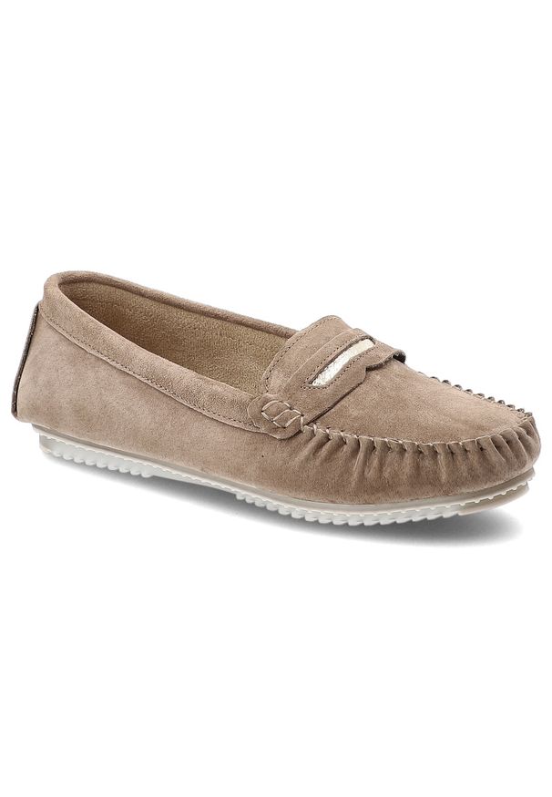 Mokasyny damskie S.Barski, cholewka ze skóry naturalnej zamszowej wsuwany fason z ozdobnym paskiem, brązowe, LR61-7029. Okazja: na co dzień. Zapięcie: pasek. Kolor: brązowy. Materiał: zamsz, skóra. Szerokość cholewki: normalna. Sezon: jesień. Styl: elegancki, casual