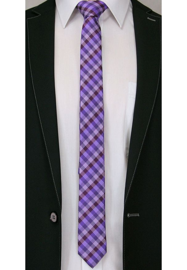 Alties - Fioletowy Stylowy Krawat (Śledź) Męski -ALTIES- 5 cm, Wąski, Wrzosowy w Drobną Kratkę. Kolor: fioletowy. Materiał: tkanina. Wzór: kratka. Styl: elegancki