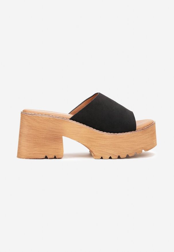 Renee - Czarne Klapki na Słupkowym Obcasie i Platformie z Odkrytym Noskiem Makia. Kolor: czarny. Obcas: na obcasie. Wysokość obcasa: średni