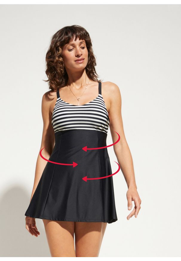bonprix - Sukienka kąpielowa shape, lekki stopień modelowania sylwetki. Kolor: czarny. Materiał: materiał. Długość rękawa: na ramiączkach