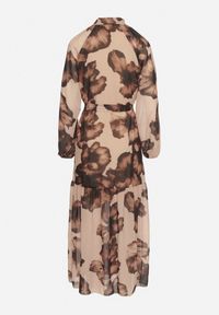 Born2be - Ciemnobeżowa Pudełkowa Sukienka w Kwiaty z Paskiem Nifle. Okazja: na co dzień. Kolor: beżowy. Materiał: skóra. Wzór: kwiaty. Styl: elegancki, casual #4