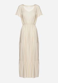 Born2be - Jasnobeżowa Sukienka z Wiskozy o Rozkloszowanym Kroju Folky. Okazja: na co dzień. Typ kołnierza: dekolt w kształcie V. Kolor: beżowy. Materiał: wiskoza. Styl: casual, elegancki #2