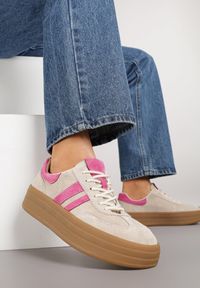 Born2be - Beżowo-Fuksjowe Zamszowe Sneakersy na Grubej Podeszwie z Paskami i Skórzaną Wkładką Felenne. Okazja: na co dzień. Zapięcie: pasek. Kolor: beżowy. Materiał: zamsz, skóra. Wzór: paski