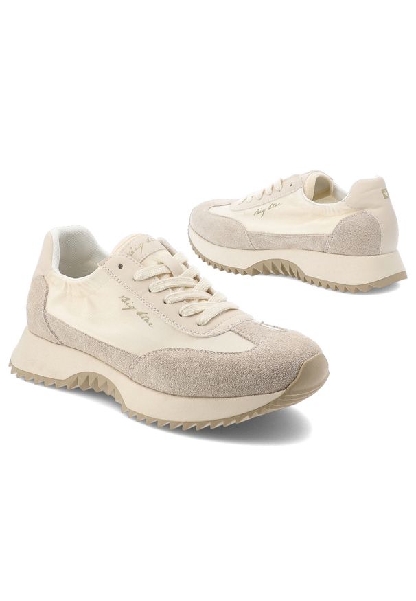 Big-Star - Sneakersy damskie Big Star, cholewka ze skóry naturalnej z klasycznym sznurowaniem i płaską podeszwą, beżowe, TT274512. Okazja: na co dzień. Zapięcie: sznurówki. Kolor: beżowy. Materiał: skóra. Szerokość cholewki: normalna. Obcas: na płaskiej podeszwie