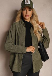 Renee - Zielona Koszula ze Sztruksu z Dodatkiem Bawełny Zapinana na Guziki Tarinia. Kolor: zielony. Materiał: bawełna, sztruks #3