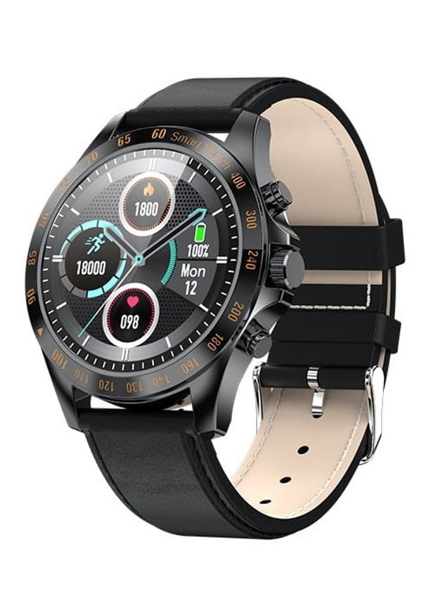 GARETT - Smartwatch Garett Men Style czarny, skórzany. Rodzaj zegarka: smartwatch. Kolor: czarny. Materiał: skóra. Styl: casual, elegancki, sportowy
