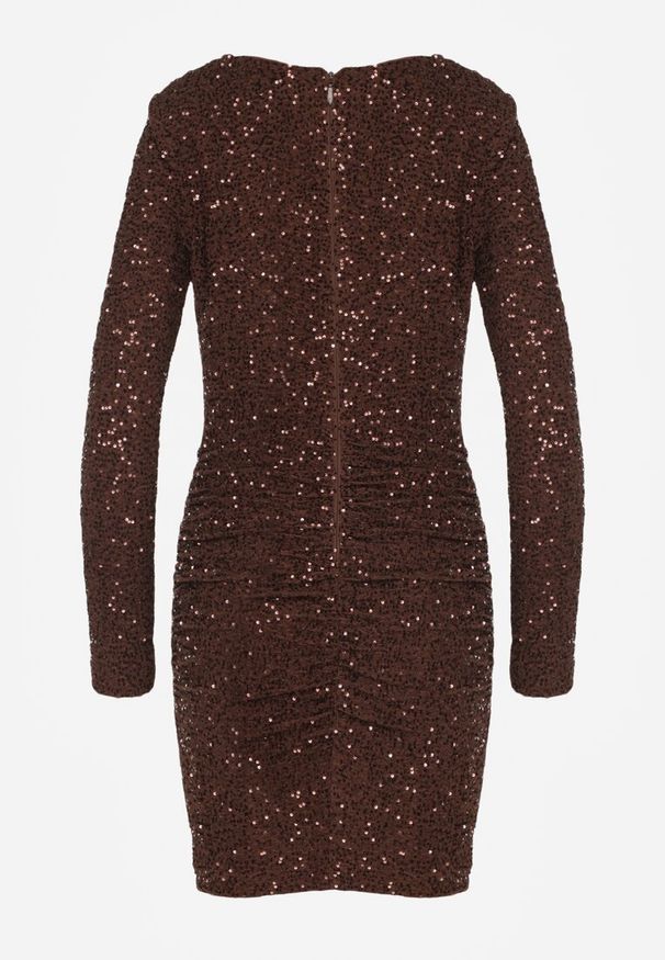 Born2be - Brązowa Dopasowana Sukienka Wieczorowa z Lejącym Dekoltem i Cekinami Siwedea. Okazja: na ślub cywilny, na wesele. Kolor: brązowy. Materiał: poliester. Długość rękawa: długi rękaw. Wzór: aplikacja. Styl: wizytowy