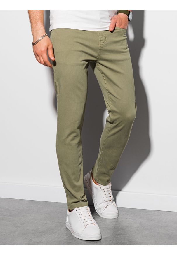 Ombre Clothing - Spodnie męskie chino - khaki P990 - M. Okazja: na co dzień. Kolor: brązowy. Materiał: bawełna, elastan. Styl: casual, klasyczny, elegancki