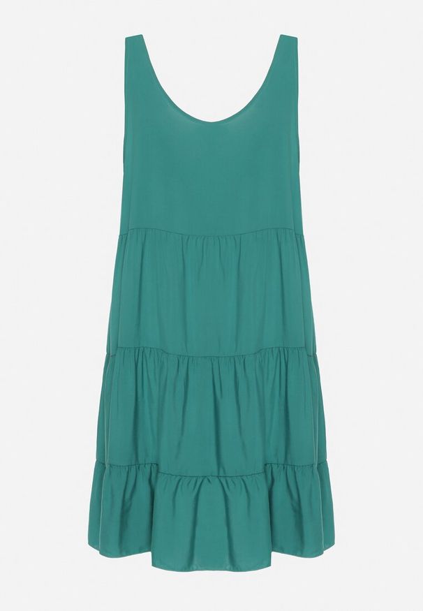 Born2be - Ciemnozielona Bawełniana Rozkloszowana Sukienka na Ramiączkach z Falbanami Criselles. Okazja: na plażę, na spacer. Typ kołnierza: kołnierz z falbankami. Kolor: zielony. Materiał: bawełna. Długość rękawa: na ramiączkach. Sezon: lato. Styl: elegancki