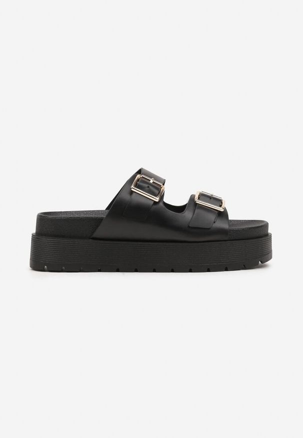 Renee - Czarne Klapki na Platformie z Paskami ze Sprzączkami Kaliora. Okazja: na co dzień. Kolor: czarny. Materiał: jeans. Wzór: paski. Sezon: lato. Obcas: na platformie. Styl: elegancki, casual
