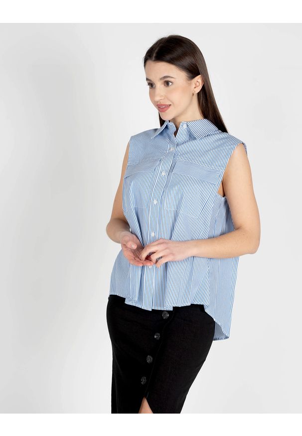 Pinko Koszula "Attutire" | 1V10LW Y7ND | Zeppole Camicia | Kobieta | Biały, Niebieski. Okazja: na co dzień. Kolor: niebieski, biały, wielokolorowy. Materiał: bawełna. Długość rękawa: bez rękawów. Wzór: paski. Styl: casual