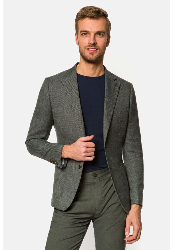 Lancerto - Marynarka Szaro-Zielona Rhodes. Typ kołnierza: golf. Kolor: zielony. Materiał: jeans, wiskoza, materiał, tkanina, poliester. Wzór: gładki, kolorowy