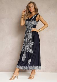 Renee - Granatowa Długa Sukienka z Wzorem Boho Sznurkami na Ramionach i Gumką w Pasie Hideni. Kolor: niebieski. Styl: boho. Długość: maxi #3