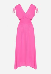 Born2be - Różowa Sukienka z Kopertowym Dekoltem na Cienkich Ramiączkach Rozkloszowana Lantia. Okazja: na ślub cywilny, na co dzień, na wesele. Typ kołnierza: dekolt kopertowy. Kolor: różowy. Materiał: jeans. Długość rękawa: na ramiączkach. Typ sukienki: kopertowe. Styl: casual, sportowy #7