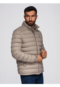 Ombre Clothing - Męska pikowana kurtka z dwoma zapięciami - ciemnobeżowa V4 - Rozmiar: XL. Okazja: na co dzień. Kolor: beżowy. Materiał: nylon, tkanina, poliester, materiał. Wzór: gładki, aplikacja. Styl: klasyczny, casual, elegancki #7