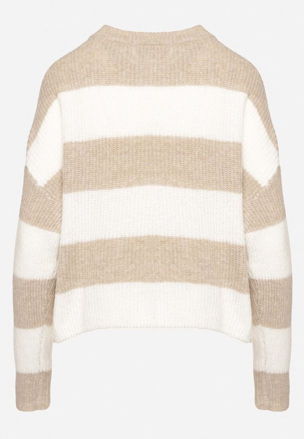 Born2be - Beżowy Sweter w Pasy z Wełną Zakończony Ściągaczem Tiaelle. Okazja: na spotkanie biznesowe, na co dzień. Kolor: beżowy. Materiał: wełna. Styl: biznesowy, klasyczny, casual