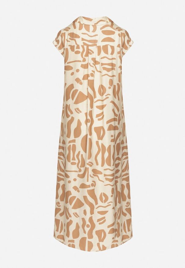 Born2be - Beżowa Sukienka o Koszulowym Kroju w Geometryczny Wzór Saranea. Okazja: na spotkanie biznesowe, na co dzień. Typ kołnierza: dekolt w serek. Kolor: beżowy. Długość rękawa: krótki rękaw. Wzór: geometria. Sezon: wiosna, lato. Typ sukienki: koszulowe. Styl: biznesowy, casual