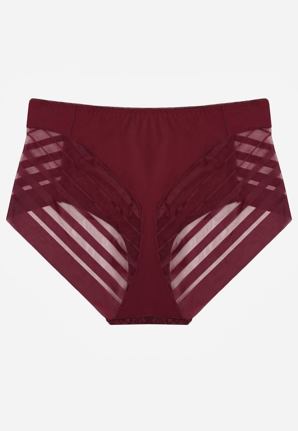 Renee - Bordowe Siateczkowe Majtki Figi High Waist z Koronkowymi Zdobieniami Heylih. Stan: podwyższony. Kolor: czerwony. Materiał: koronka. Wzór: aplikacja