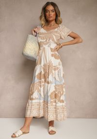 Renee - Jasnobeżowa Sukienka Rozkloszowana z Wiskozy w Boho Wzór Elliseira. Okazja: na co dzień, na imprezę. Kolor: beżowy. Materiał: wiskoza. Długość rękawa: krótki rękaw. Sezon: lato. Typ sukienki: proste. Styl: boho #5