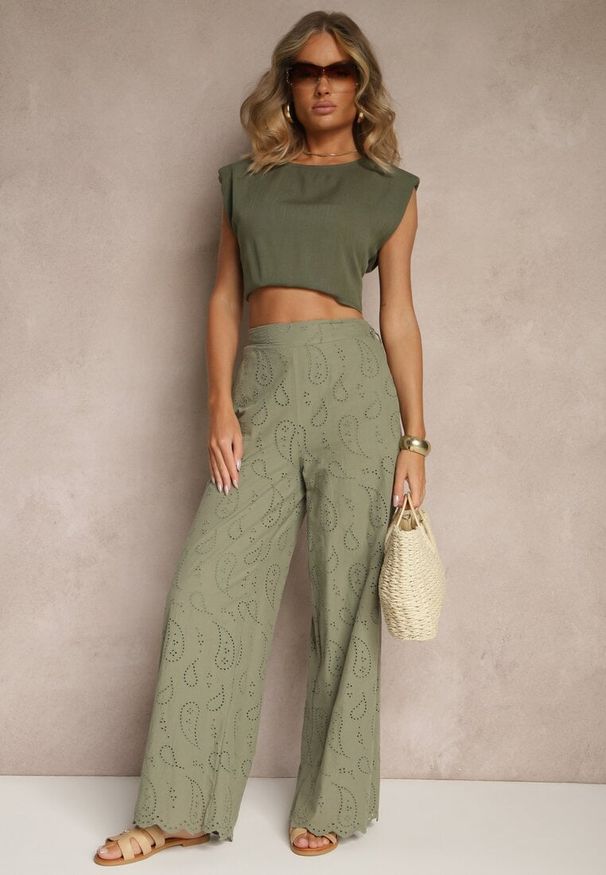 Renee - Zielone Bawełniane Haftowane Spodnie High Waist o Szerokim Kroju Milirelia. Okazja: na co dzień. Stan: podwyższony. Kolor: zielony. Materiał: bawełna. Wzór: haft. Styl: casual