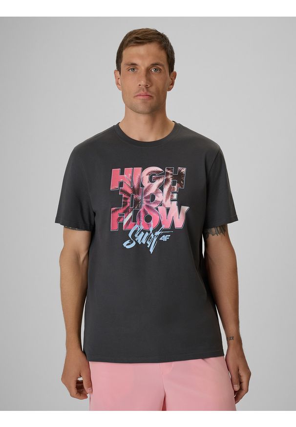 4f - 4F T-shirt regular z nadrukiem męski - szary M. Okazja: na co dzień. Kolor: szary. Materiał: bawełna, dzianina. Wzór: nadruk. Styl: casual, klasyczny, sportowy