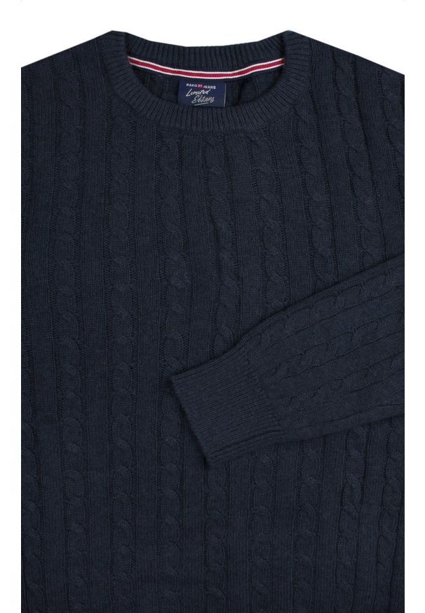 Bawełniany Sweter Męski - Pako Jeans - Splot Warkoczowy - Granatowy. Kolor: niebieski. Materiał: bawełna. Wzór: ze splotem. Sezon: zima, jesień, wiosna. Styl: klasyczny, elegancki