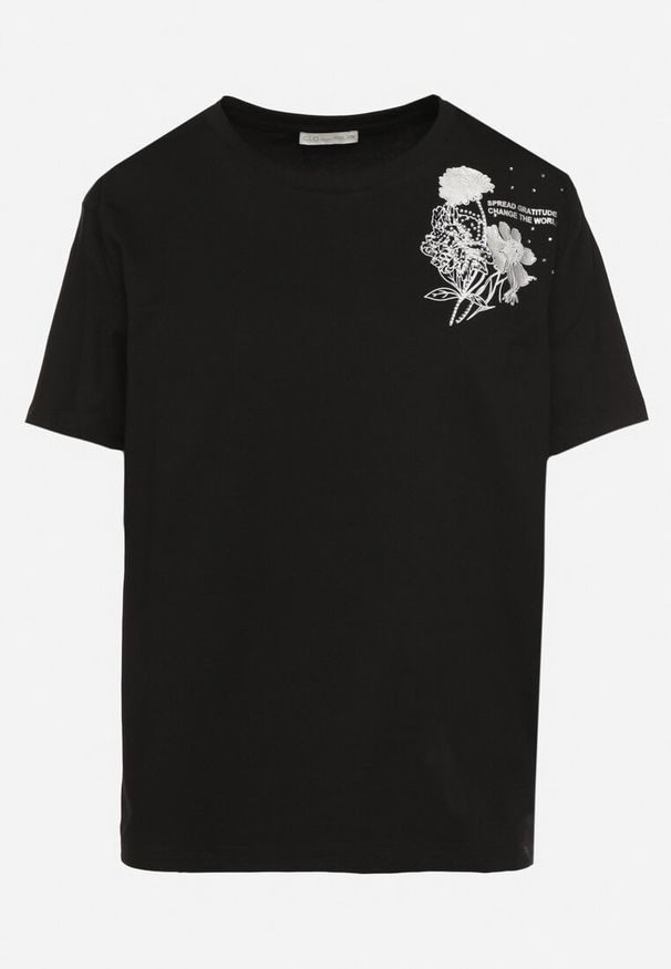 Born2be - Czarny T-shirt z Bawełny Zdobiony Nadrukiem z Cyrkoniami Telerea. Okazja: na co dzień. Kolor: czarny. Materiał: bawełna. Wzór: aplikacja, nadruk. Styl: klasyczny, elegancki, casual