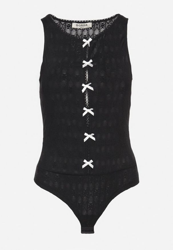 Born2be - Czarne Body Ozdobione Kokardkami Ovilene. Okazja: na co dzień. Typ kołnierza: kokarda. Kolor: czarny. Materiał: jeans. Wzór: aplikacja. Styl: klasyczny, casual