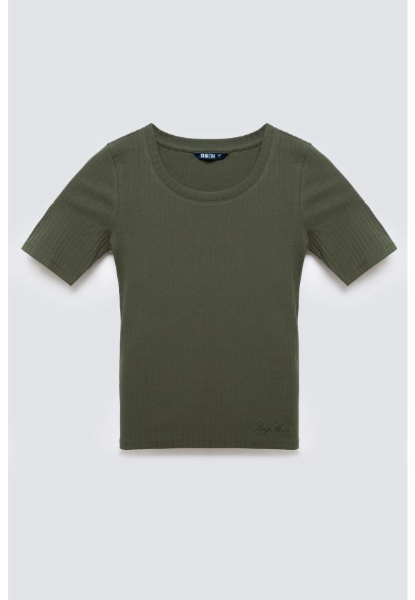 Big-Star - Koszulka damska w prążek khaki Asterca 303. Kolor: zielony. Materiał: jeans, dzianina, prążkowany, bawełna. Długość rękawa: krótki rękaw. Długość: krótkie. Wzór: prążki. Styl: elegancki, klasyczny