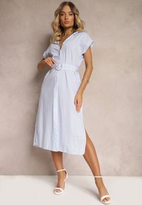 Renee - Niebieska Koszulowa Sukienka z Bawełny z Paskiem w Talii Nelassia. Kolor: niebieski. Materiał: bawełna. Długość rękawa: krótki rękaw. Sezon: lato, wiosna. Typ sukienki: koszulowe. Styl: klasyczny