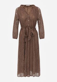 Renee - Brązowa Koronkowa Sukienka Boho Rozkloszowana z Paskiem w Talii Irinsea. Okazja: na co dzień. Kolor: brązowy. Materiał: koronka. Wzór: koronka. Typ sukienki: rozkloszowane, proste. Styl: boho #2