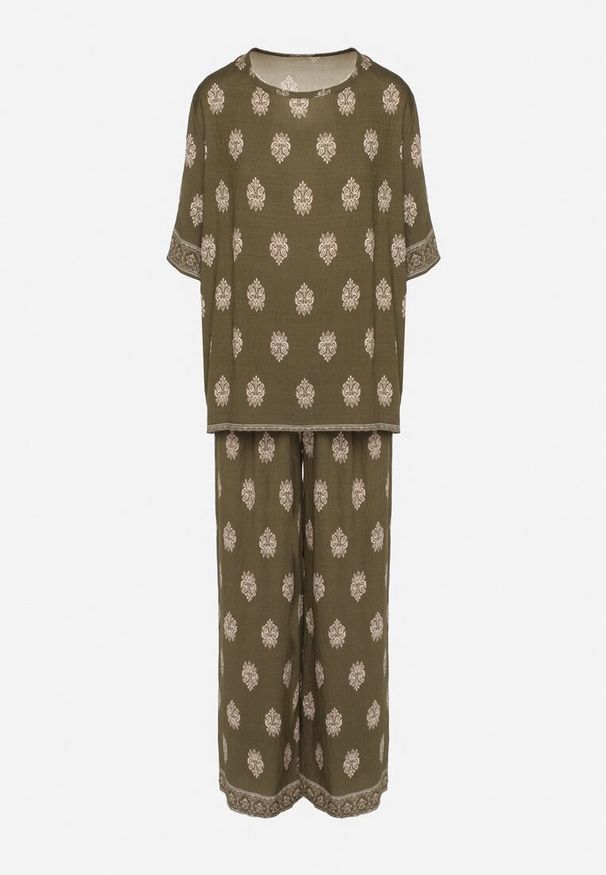 Born2be - Ciemnozielony Komplet Wiskozowy w Boho Print Bluzka z Krótkim Rękawem i Szerokie Spodnie Natilene. Kolor: zielony. Materiał: wiskoza. Wzór: nadruk