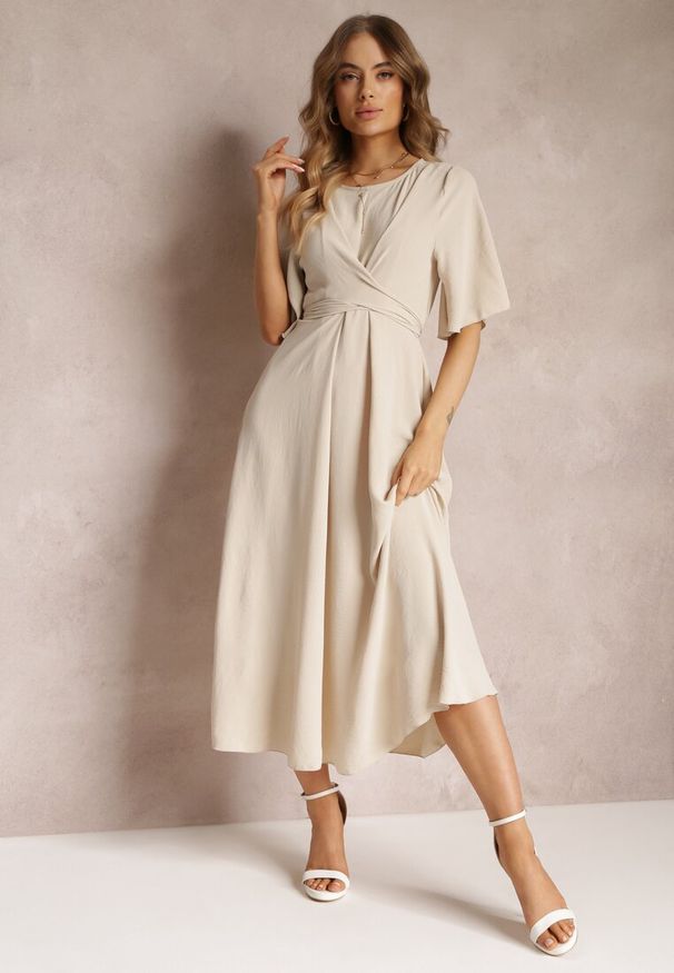 Renee - Beżowa Rozkloszowana Sukienka Maxi z Szerokim Rękawem i Gumką w Pasie Sador. Kolor: beżowy. Długość: maxi