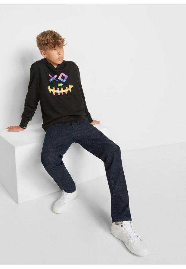 bonprix - Bluza z kapturem z miękkiej mieszanki bawełny. Typ kołnierza: kaptur. Kolor: czarny. Materiał: bawełna. Wzór: nadruk