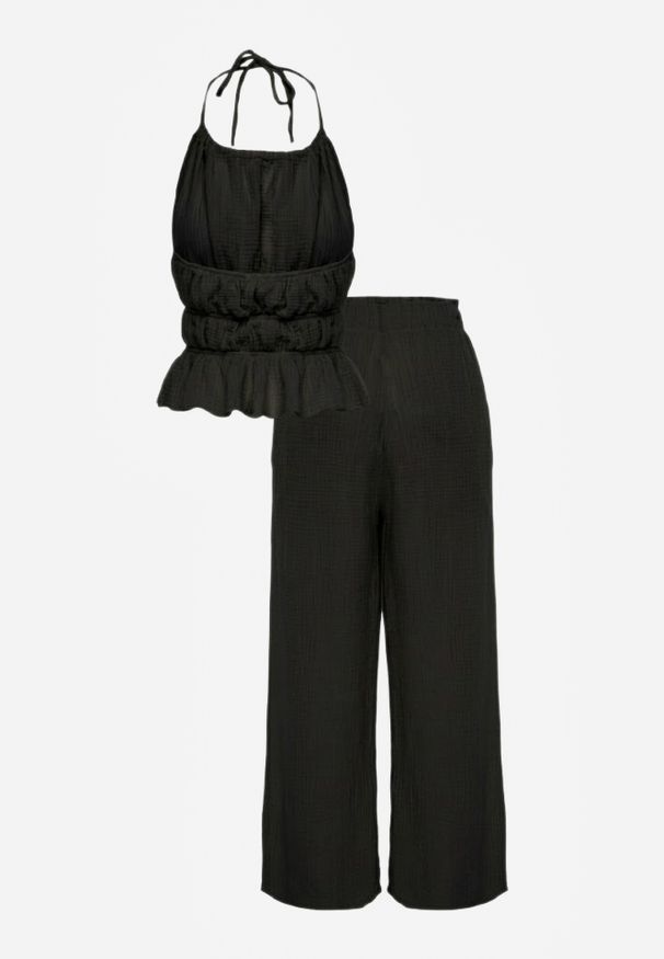 Renee - Czarny Letni Komplet z Bawełny Spodnie Wide Leg i Bluzka Halter z Wiązaniem Apomeda. Kolor: czarny. Materiał: bawełna